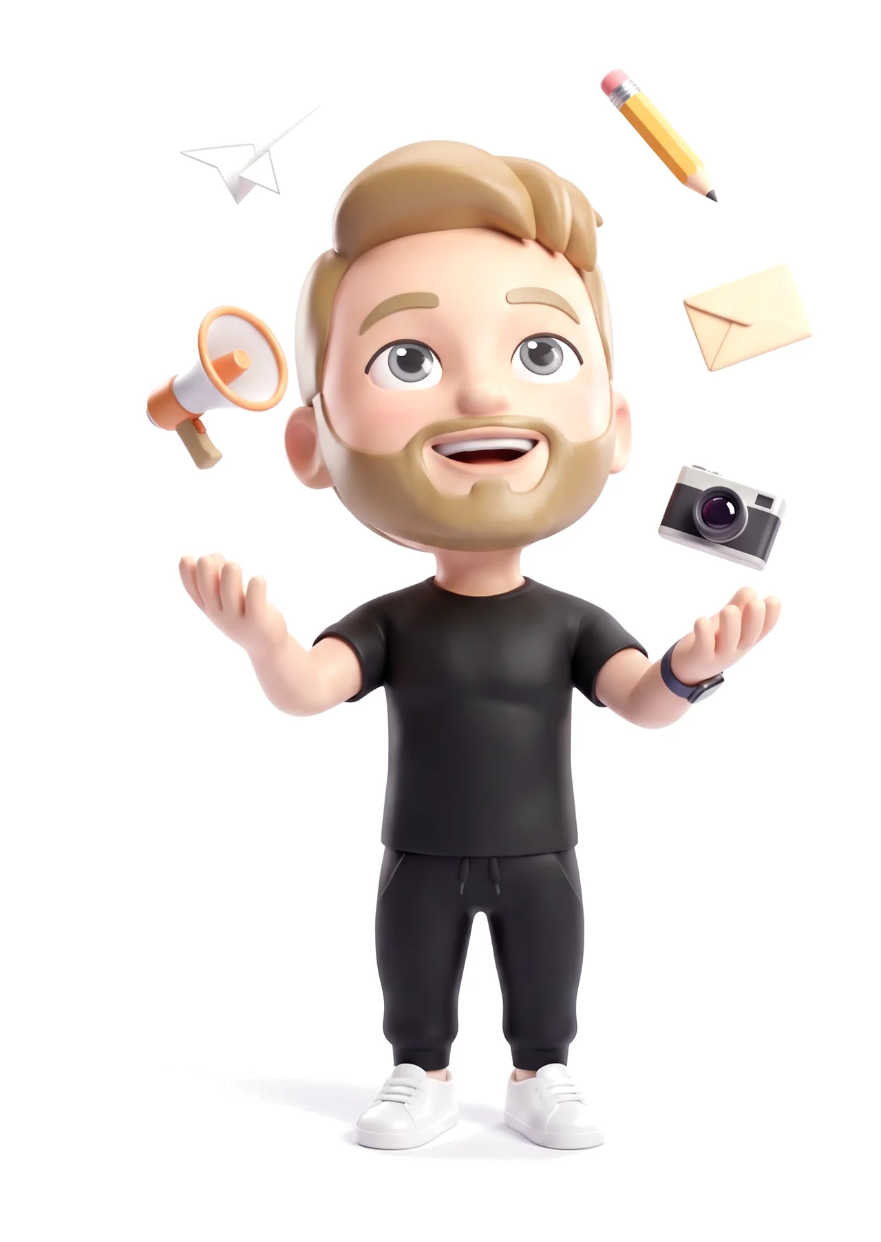 Nachito hace malabares con un avión de papel, un megáfono, un lápiz, un sobre y una cámara: todo el trabajo de marketing a la vez